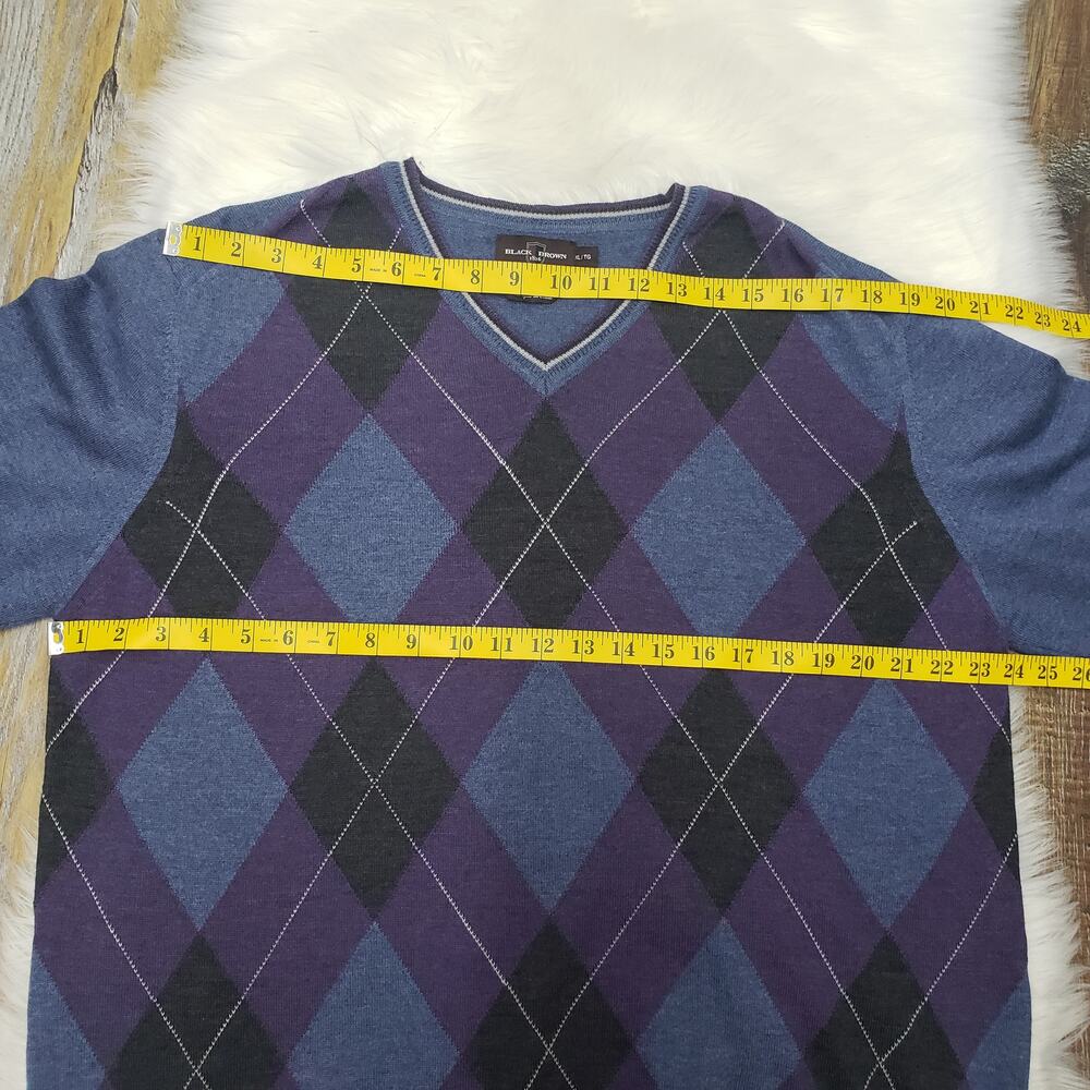 Black Brown 1826 Made in Italy 100% Merino Wool Argyle V-Neck Sweater Men XL - Picture 11 of 12